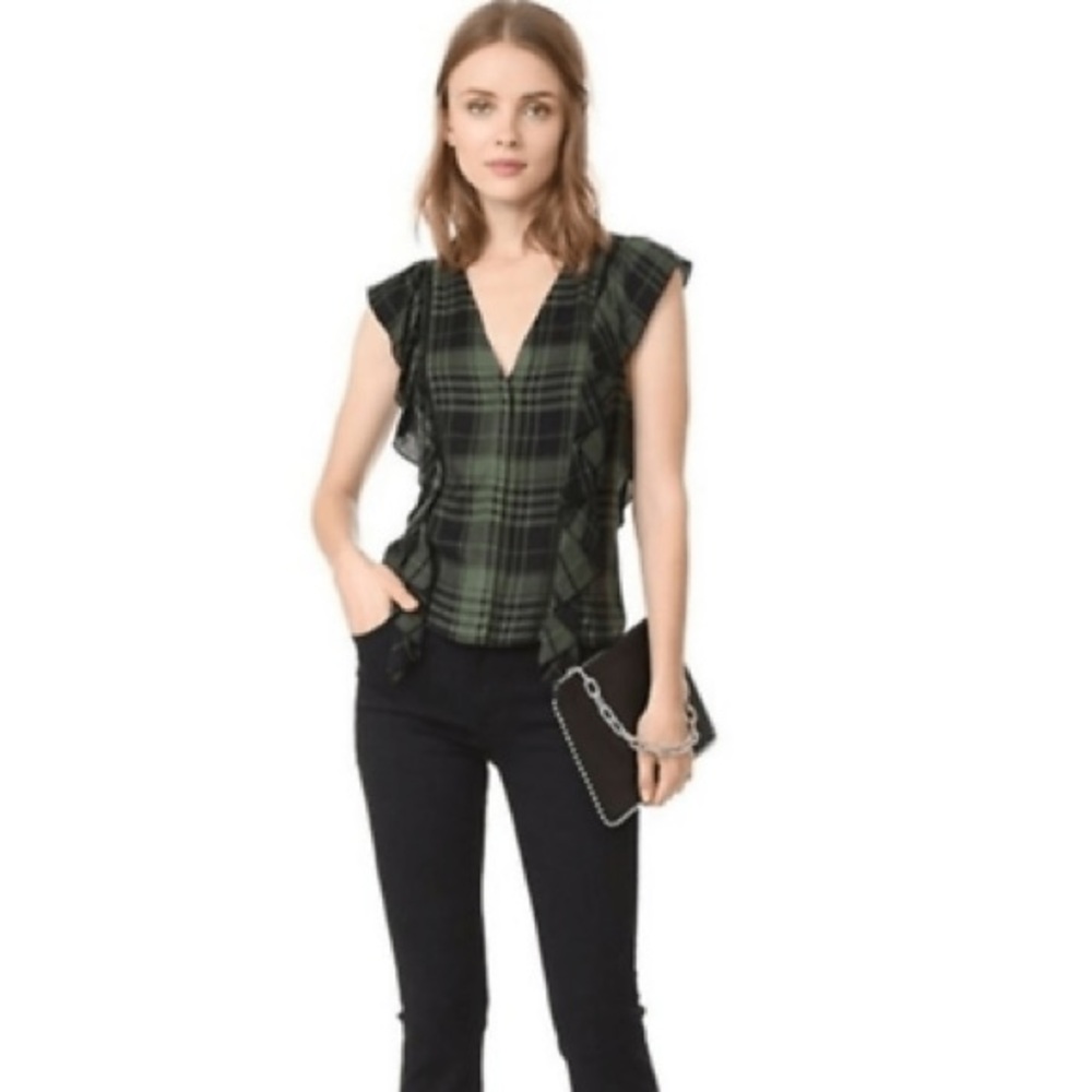Alice + Olivia Plaid Ruffle Sleeve Top